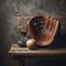 Baseball glove rests on wooden bench, next to distressed wall