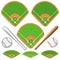 Baseball isometric fields, leather ball and wooden bats