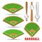 Baseball isometric fields, leather ball and wooden bats