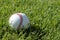 A baseball laying in the grass.