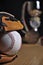 Baseball leather glove with ball and trophy