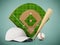 Baseball pitch, cap, ball and bat standing on green background. 3D illustration