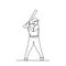 Baseball player, hitter swinging with bat, one line drawing vector illustration