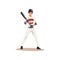 Baseball Player Standing with Bat, Softball Athlete Character in Uniform, Front View Vector Illustration