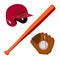 Baseball set, helmet, glove with ball and bat, vector illustration