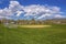 Baseball or softball field with buildings and trees beyond the grassy terrain