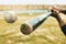 Baseball, speed and game action bat on field with athlete man playing in competitive sport match. Swing, strike and