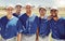 Baseball, team and portrait on baseball field with sports people standing in support of training, fitness and vision