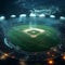 Baseball themed sport stadium illuminated against nighttime sky backdrop