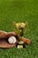 Baseball trophy with bat ball and glove