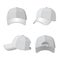 Baseball white caps in front side and back view isolated