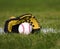 Baseball in yellow glove on the field with yard line and grass