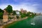 Basel with red stone Munster cathedral and the Rhine river, Switzerland, Europe. View of the Old Town of Besel. City centre with g