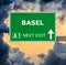 BASEL road sign against clear blue sky