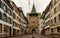 Basel, Switzerland - November 04, 2019. View of Spalentor gate on Spalenvorstadt street in Basel