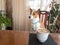 basenji dog sitting at dinner table and waiting till cofee getting much colder in cup that master left for lovely dog