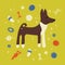 Basenji with dog toys. Postcard with pet