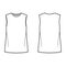 Basic blouse technical fashion illustration with oversized body, round neck, sleeveless, tunic length