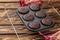 Basic homemade brownie or chocolate muffins raw dough in baking pan. Cooking homemade chocolate muffins, cupcakes