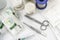 Basic medical kit for rapid health care in nursing due to an emergency or emergency with scissors, syringes, bendas, tape, gauze