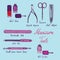 Basic nail tools, pink classical manicure collection of tools, hand drawn doodle sketch with inscription, isolated vector