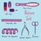 Basic nail tools, pink classical pedicure collection of tools, hand drawn doodle sketch with inscription, isolated vector