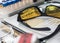 Basic research utensils with a evidence bag in Laboratorio forensic equipment