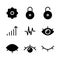 Basic user interface icon set glyph include network, connection, internet, setting, gear, configuration, option, close, padlock,
