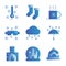 Basic vector winter icon include thermometer, coffee, cold, hot, cup, snow glasses, snow, snowboard, cloud, rain, fireplace, fire