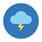 Basic weather icon of thunderstorm. Cloud and yellow lightning on blue circle.