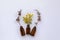 Basic white background image featuring small isolated amber glass vials with fresh yellow wattle flowers and dried gum leaves