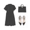 Basic woman collection: flats, black dress, bag. Glamour fashion flatlay. Clothing store elements. Casual set. Fashion look