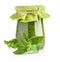 Basil and Glass jar of pesto sauce