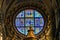 Basilica Blue Virgin Mary Saints Rose Window Stained Glass Cathedral Church Siena Italy.
