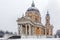 Basilica di Superga church during a snowing in Turin.