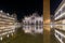 Basilica in San Marco square in Venice with reflection at night during the high tide