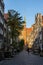 Basilica of St Mary in the old street with nearby buildings in Gdansk, Poland