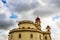 Basilica Virgen de la Caridad against the blue sky. Roman Catholic cathedral dedicated to the Blessed Virgin Mary. El Cobre,