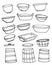 The Basin vector set. a set of insulated plastic basins and bowls and wooden barrels, courts and tubs , painted in doodle style,