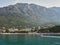 Baska Voda, Croatia - July 25, 2021. Great panoramic view of the city and Biokovo Mountain from the sea. The main beach