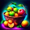 Basket with apples, tangerines and oranges on a dark background Generative AI