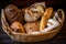 basket of assorted loaves, including rye, sourdough, and whole wheat