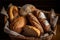 basket of assorted loaves, including rye, sourdough, and whole wheat