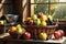 Basket of Assorted Organic Fruits Placed on a Rustic Wooden Table - Sunlight Filtering Through a Nearby Window
