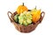 Basket with autumn decoration mini pumpkins on white isolated ba