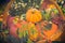 Basket autumn fruit colorful pumpkins asters