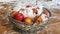 basket of autumn fruit under the snow