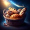 Basket of baked bread on a dark background with space for text AI generated