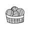 Basket with balls for knitting hand drawn in doodle style. single element for design icon, sticker, poster, card. vector,