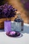 Basket with beautiful lavender in the field in Provance with Lavander water and candles. Harvesting season